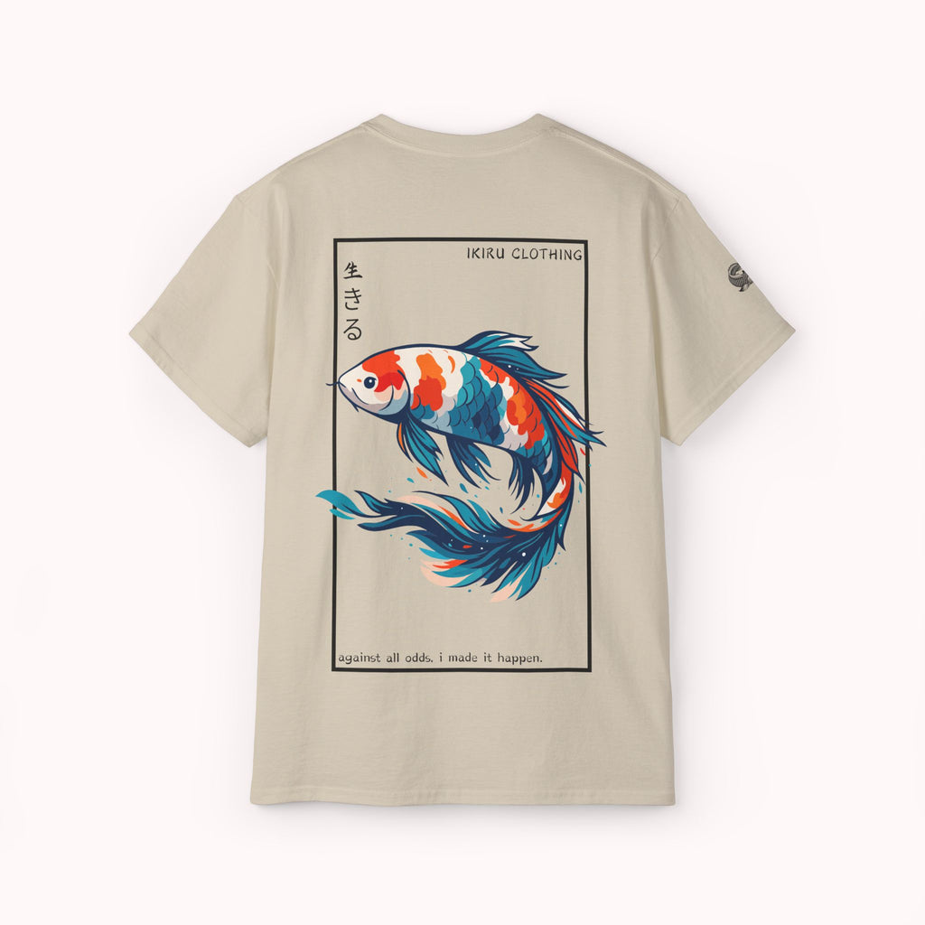 Beige t-shirt with a colorful koi fish design and 'IKIRU CLOTHING' branding on a white background