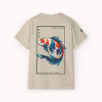 Beige t-shirt with a colorful koi fish design and 'IKIRU CLOTHING' branding on a white background