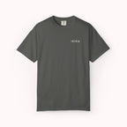 Grey t-shirt with a small logo on a white background