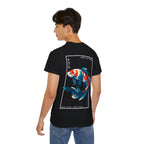 Person wearing a black t-shirt with a colorful koi fish design and 'IKIRU CLOTHING' branding on a white background