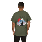 Person wearing green t-shirt with Japanese mountain, samurai, blossom and IKIRU on the back on a white background
