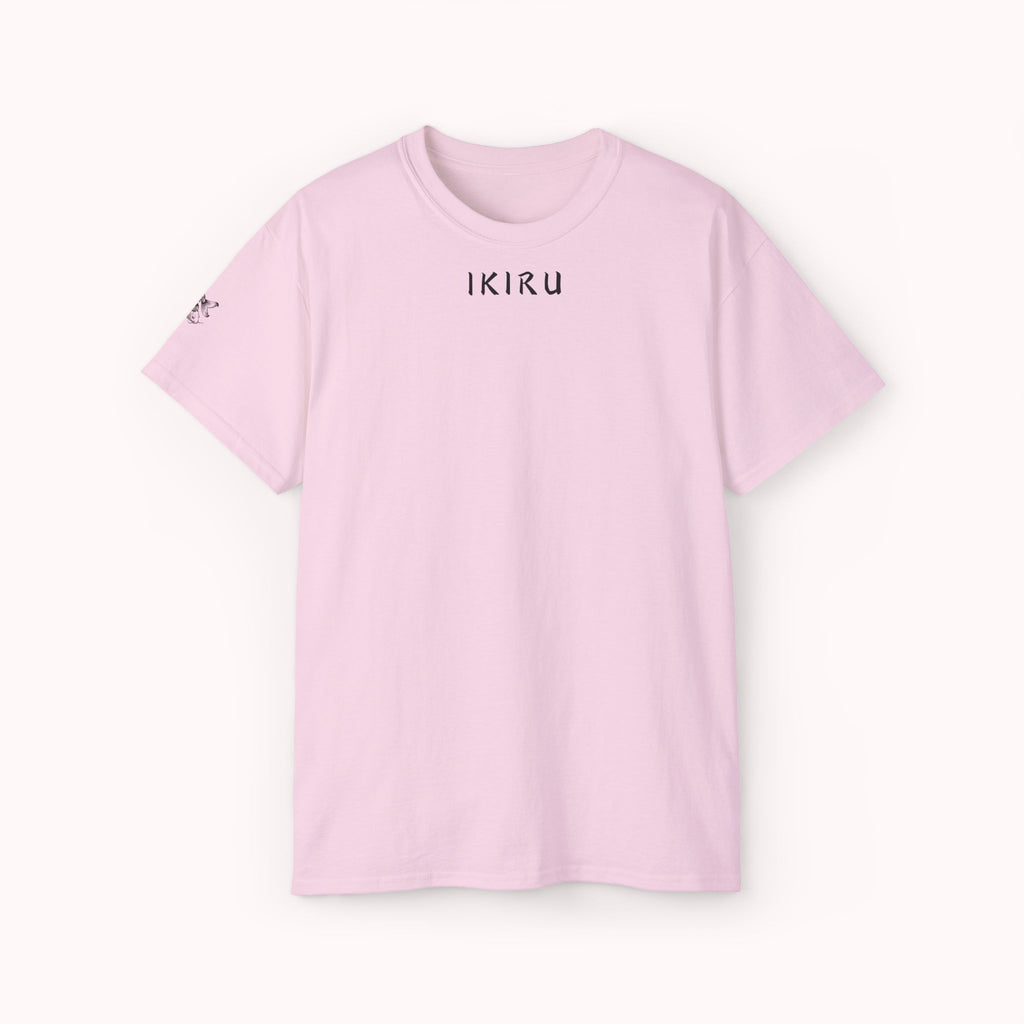 Pink t-shirt with IKIRU branding on a white background