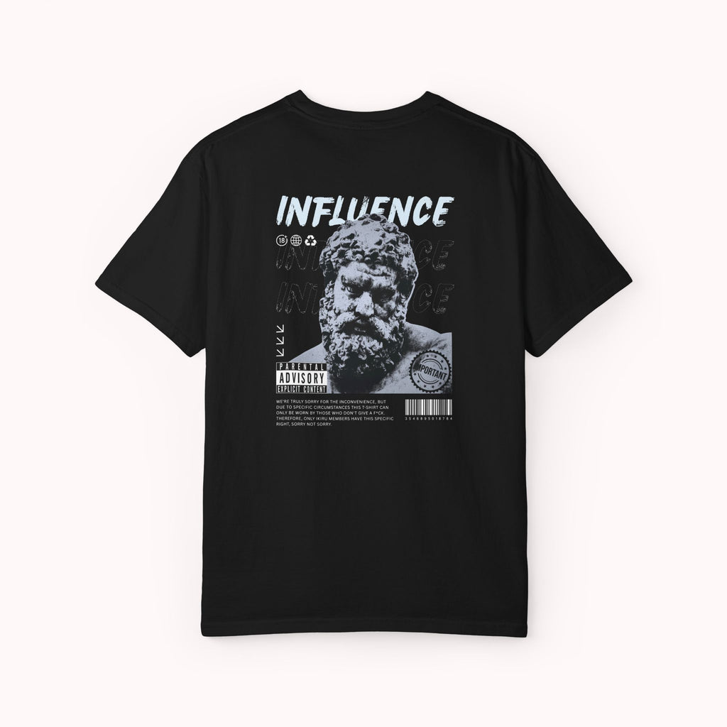 Black t-shirt with graphic design and text on a white background