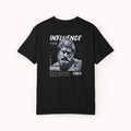 Black t-shirt with graphic design and text on a white background