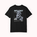 Black t-shirt with graphic design and text on a white background