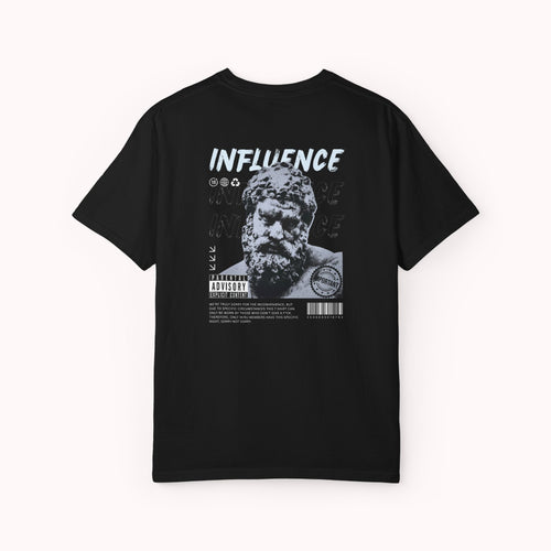 Black t-shirt with graphic design and text on a white background