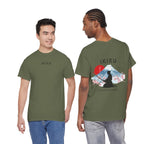 Two men wearing green t-shirts with 'IKIRU' branding, one showing front design and the other showing back design.