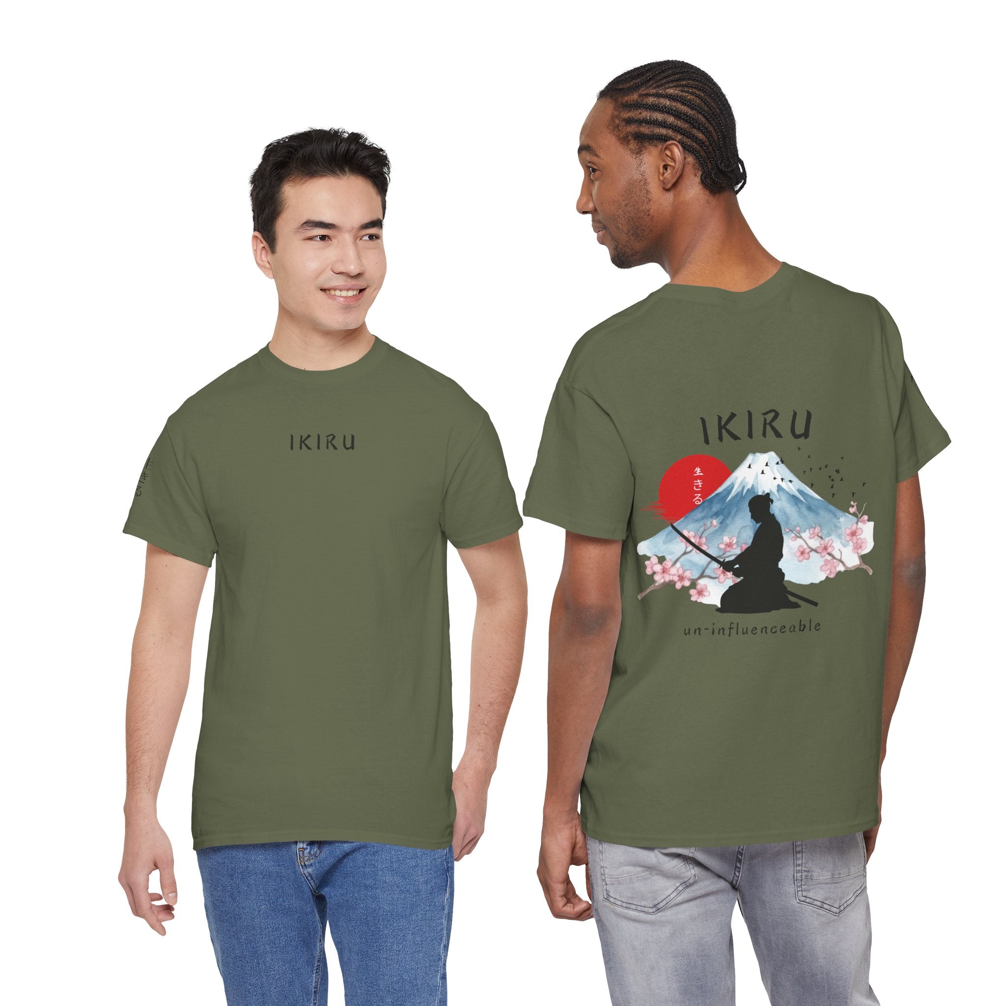 Two men wearing green t-shirts with 'IKIRU' branding, one showing front design and the other showing back design.