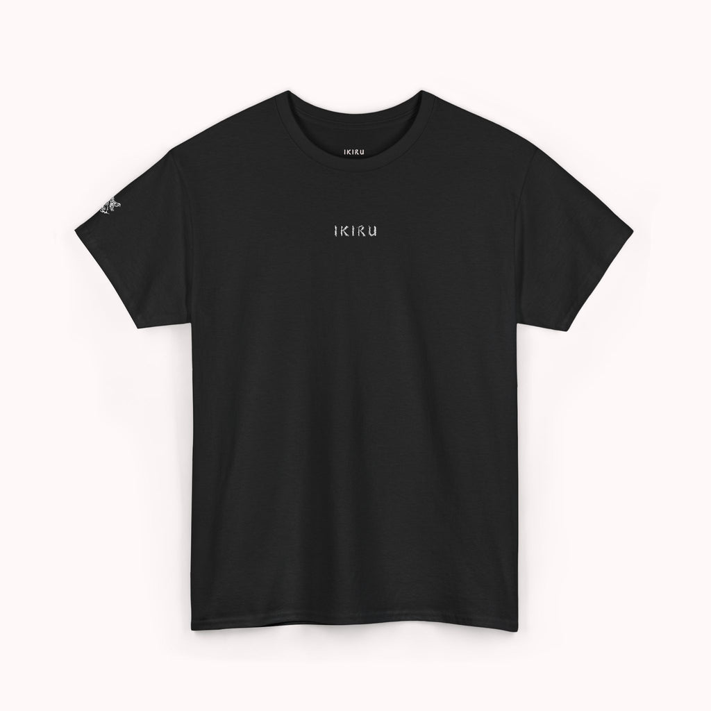 Black t-shirt with 'IKIRU' logo on a white background