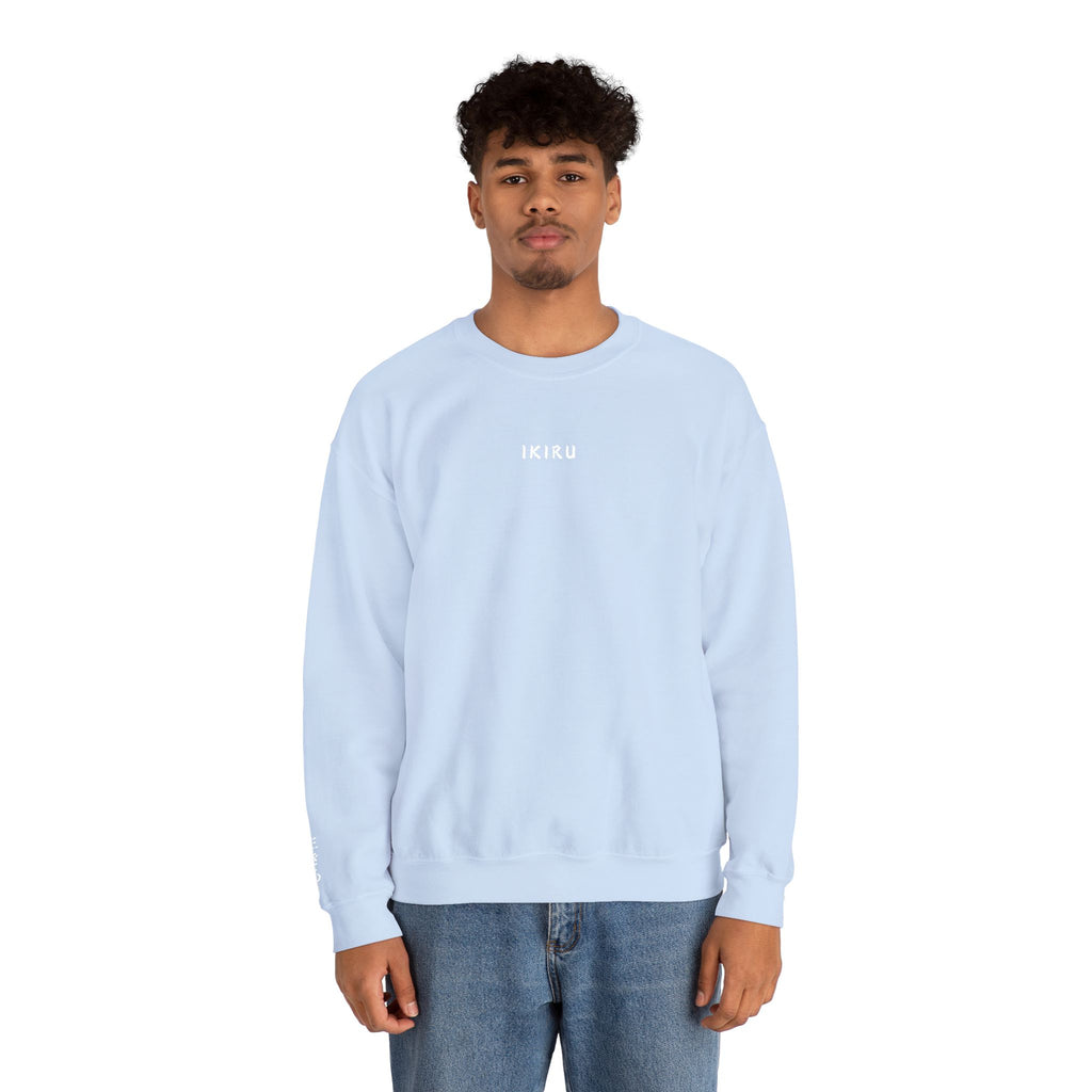 Person wearing a light blue sweatshirt with IKIRU logo on a white background