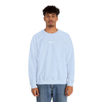 Person wearing a light blue sweatshirt with IKIRU logo on a white background