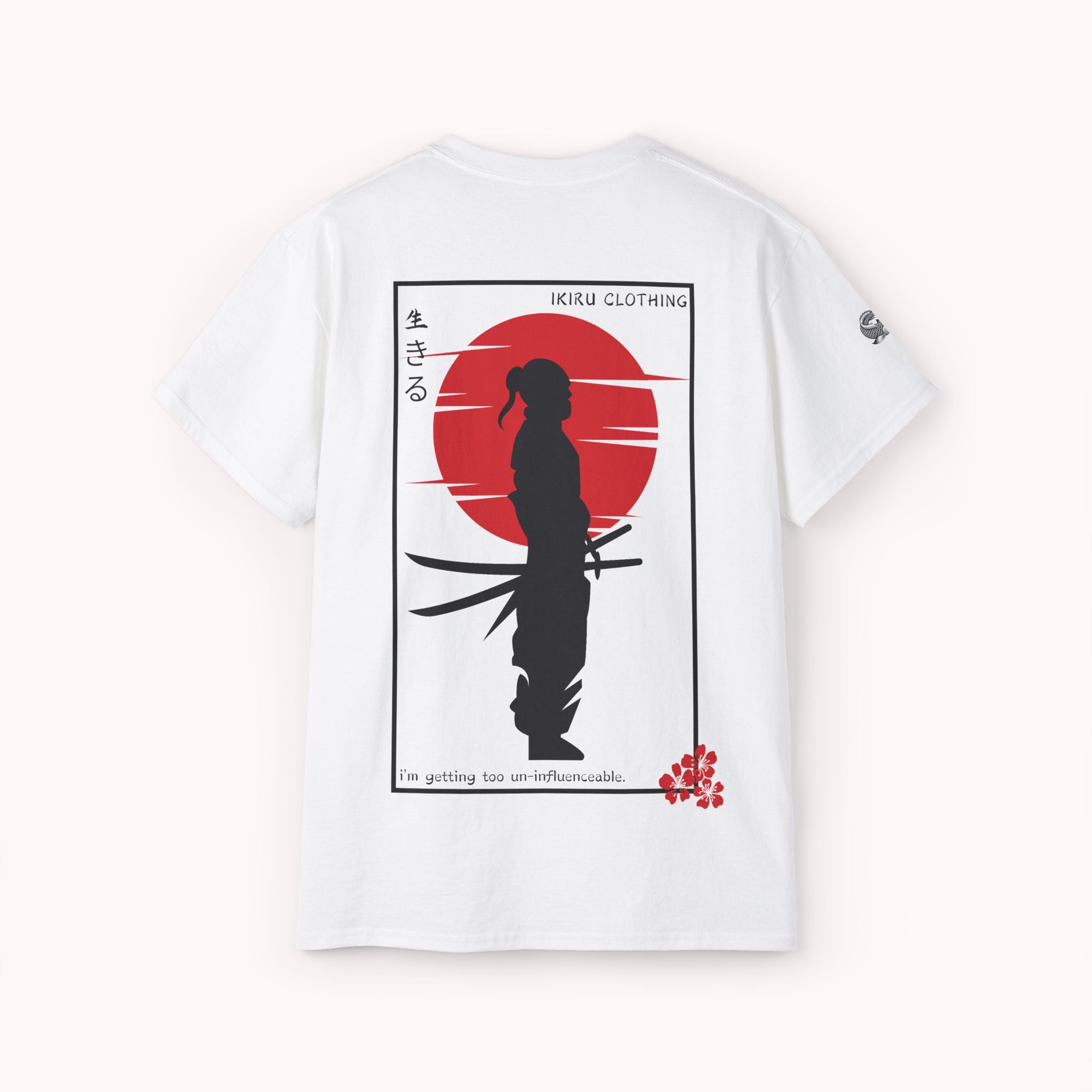White t-shirt with black and red graphic design on a white background