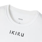 White t-shirt with 'IKIRU' branding on a white background