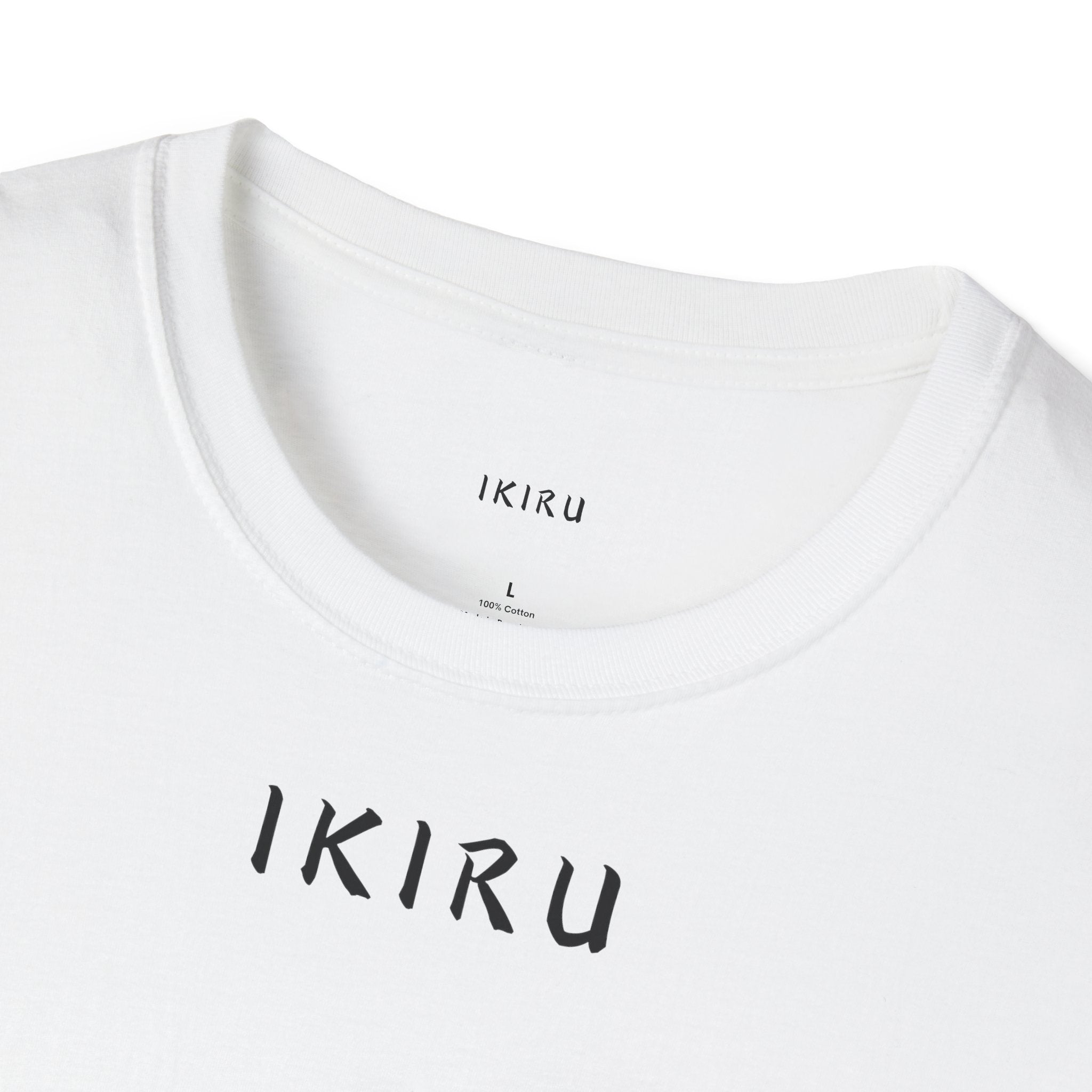 White t-shirt with 'IKIRU' branding on a white background