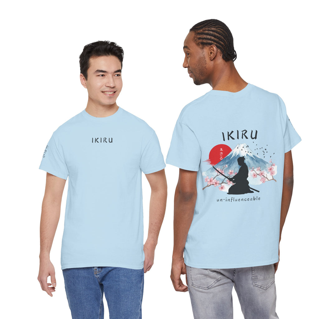 Two people wearing light blue t-shirts with 'IKIRU' branding and designs.