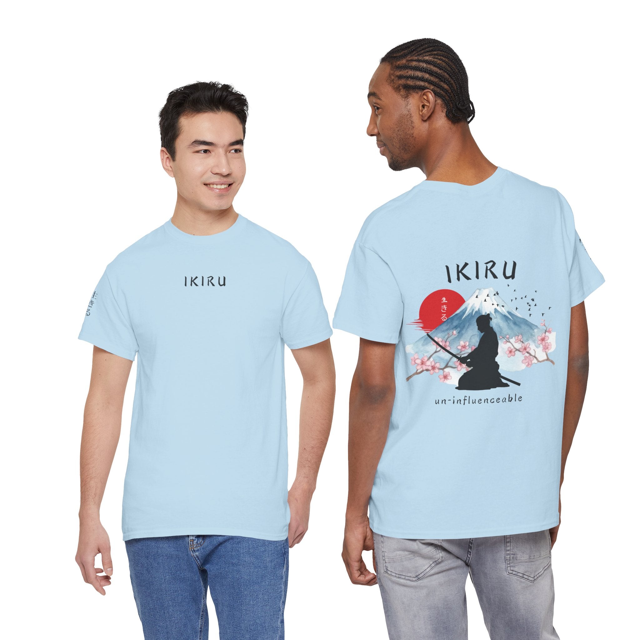 Two people wearing light blue t-shirts with 'IKIRU' branding and designs.