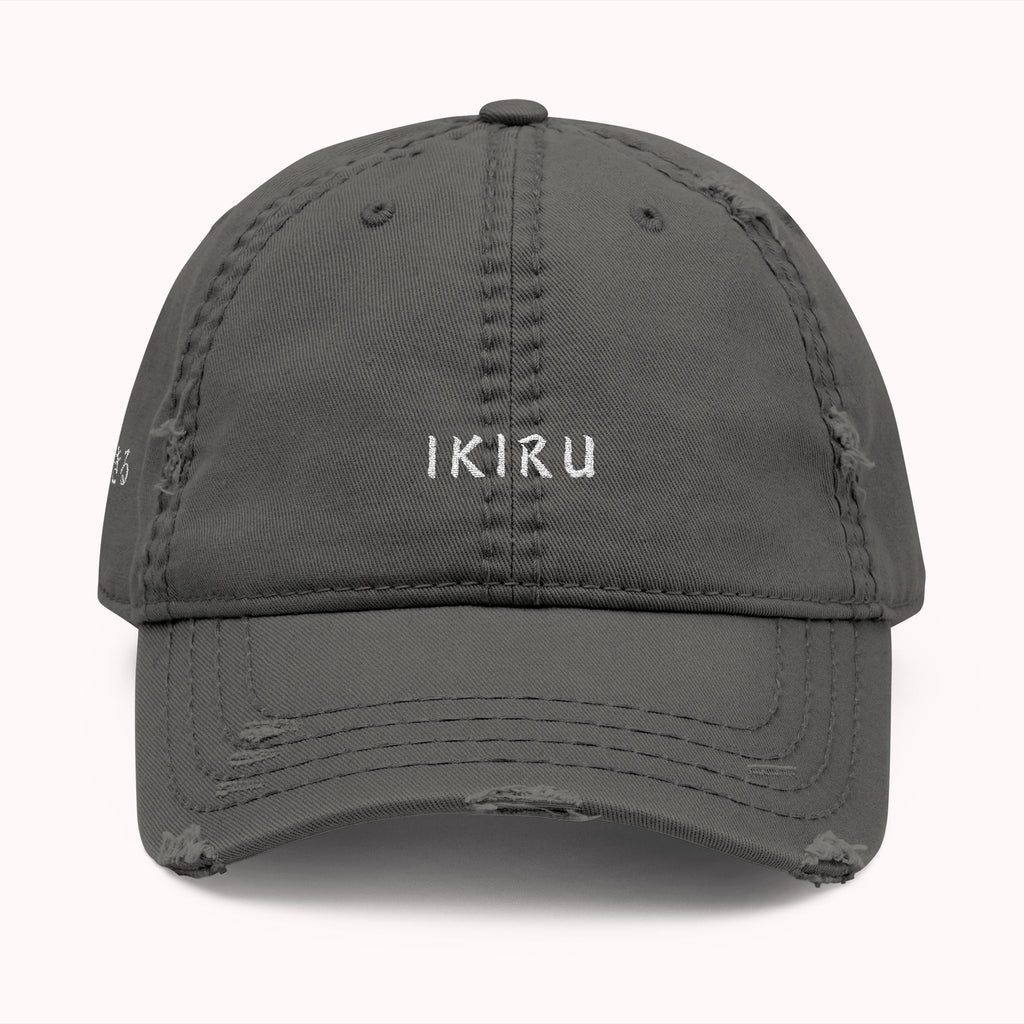 Gray cap with 'IKIRU' branding on a white background