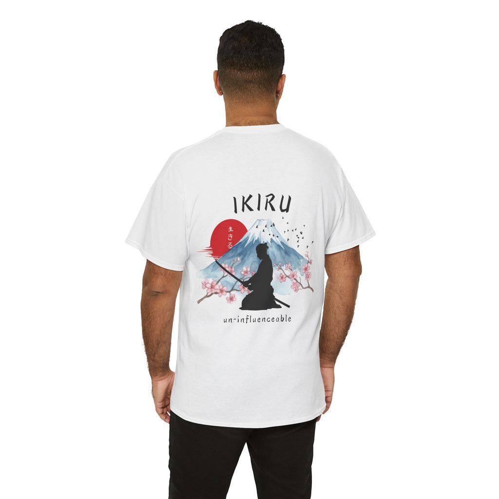 Person wearing a white t-shirt with Japanese mountain, samurai, blossom and IKIRU on the back on a white background
