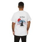 Person wearing a white t-shirt with Japanese mountain, samurai, blossom and IKIRU on the back on a white background