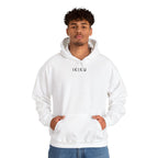 White hoodie with 'IKIRU' and mountain, samurai, and blossom tree design on the back saying 'un-influenceable' against a white background