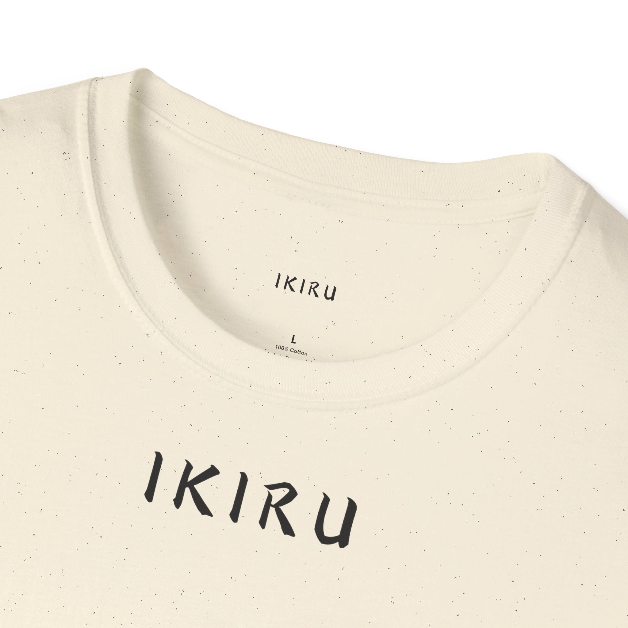 Beige t-shirt with 'IKIRU' branding on a white background