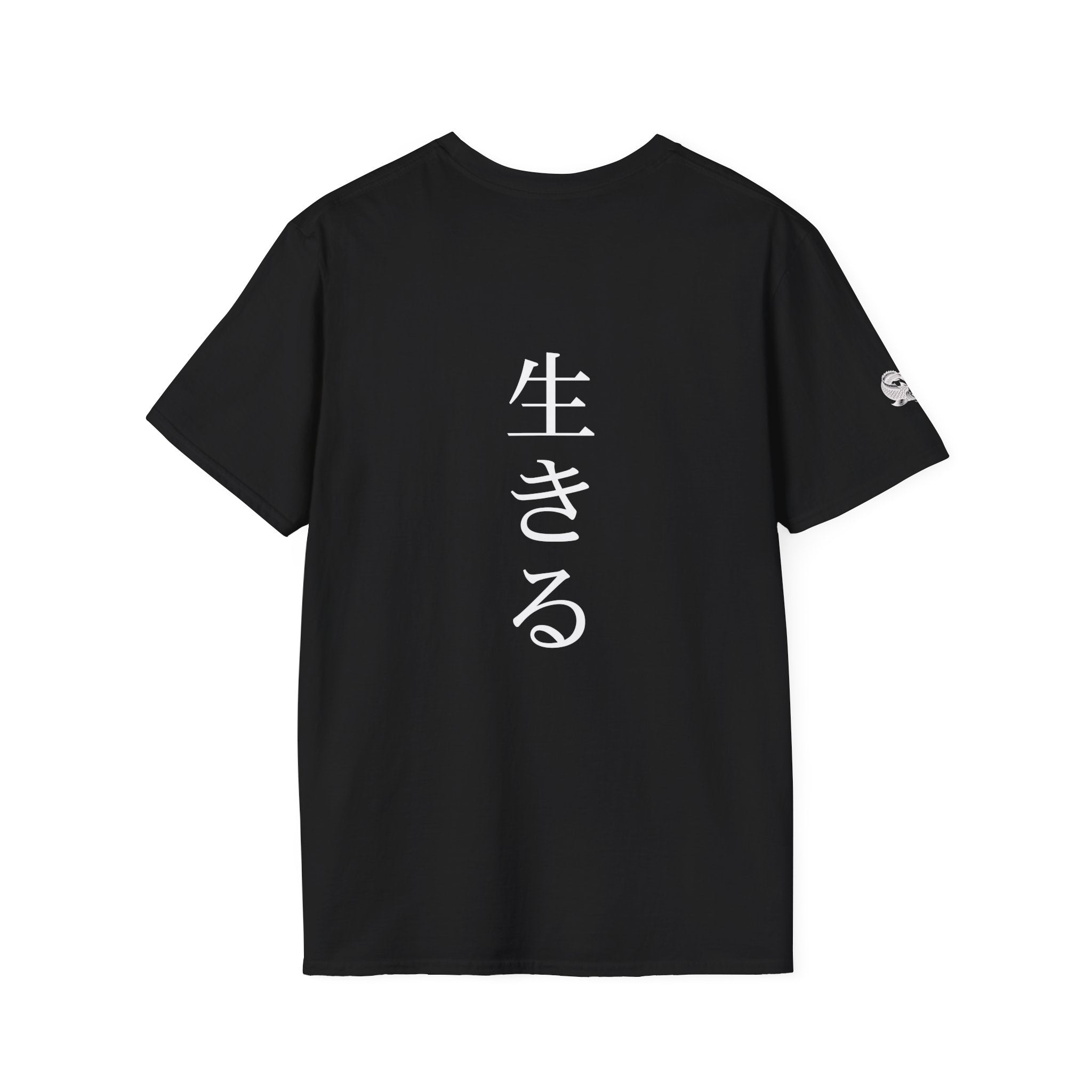 Black t-shirt with graphic design and text on a white background