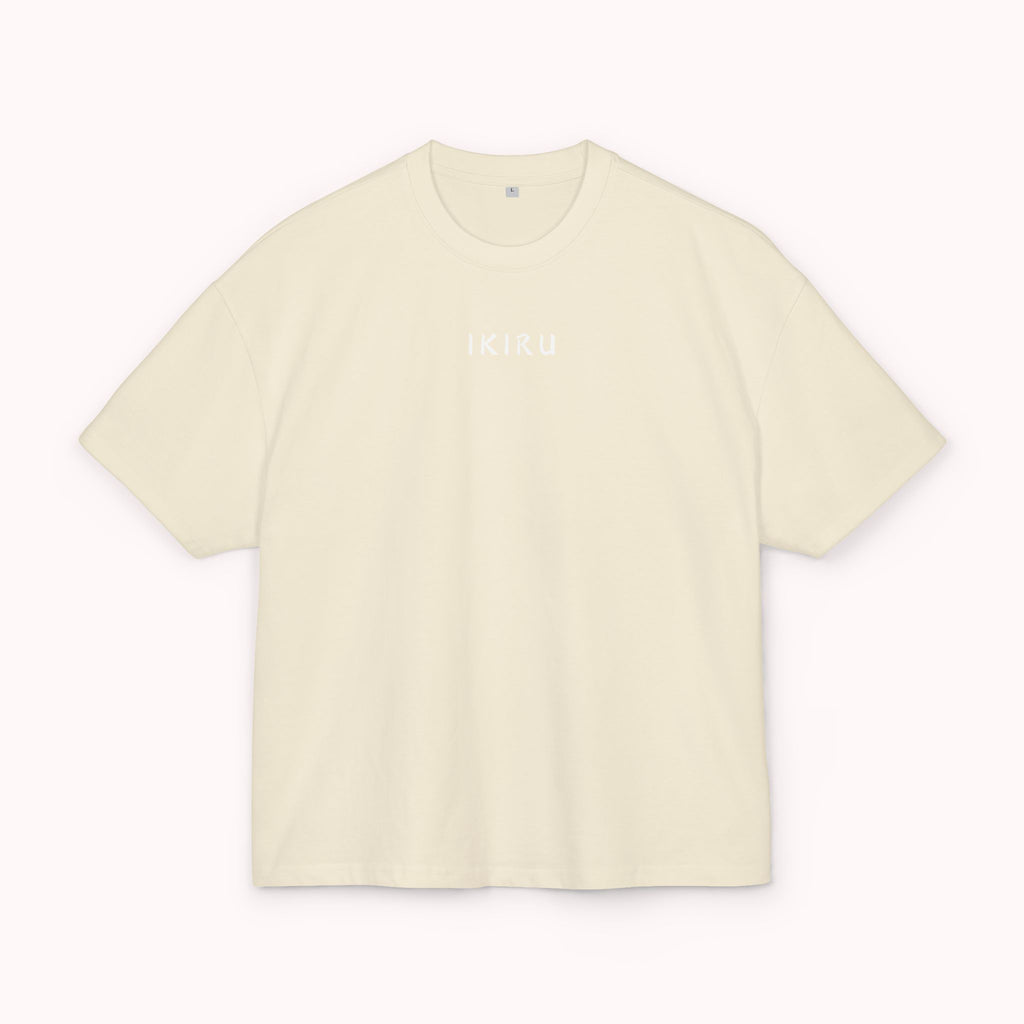 Beige t-shirt with a brand logo on a white background