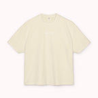 Beige t-shirt with a brand logo on a white background