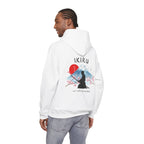 White hoodie with 'IKIRU' and mountain, samurai, and blossom tree design on the back saying 'un-influenceable' against a white background