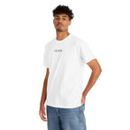 Man wearing a white t-shirt with 'IKIRU' logo on a white background