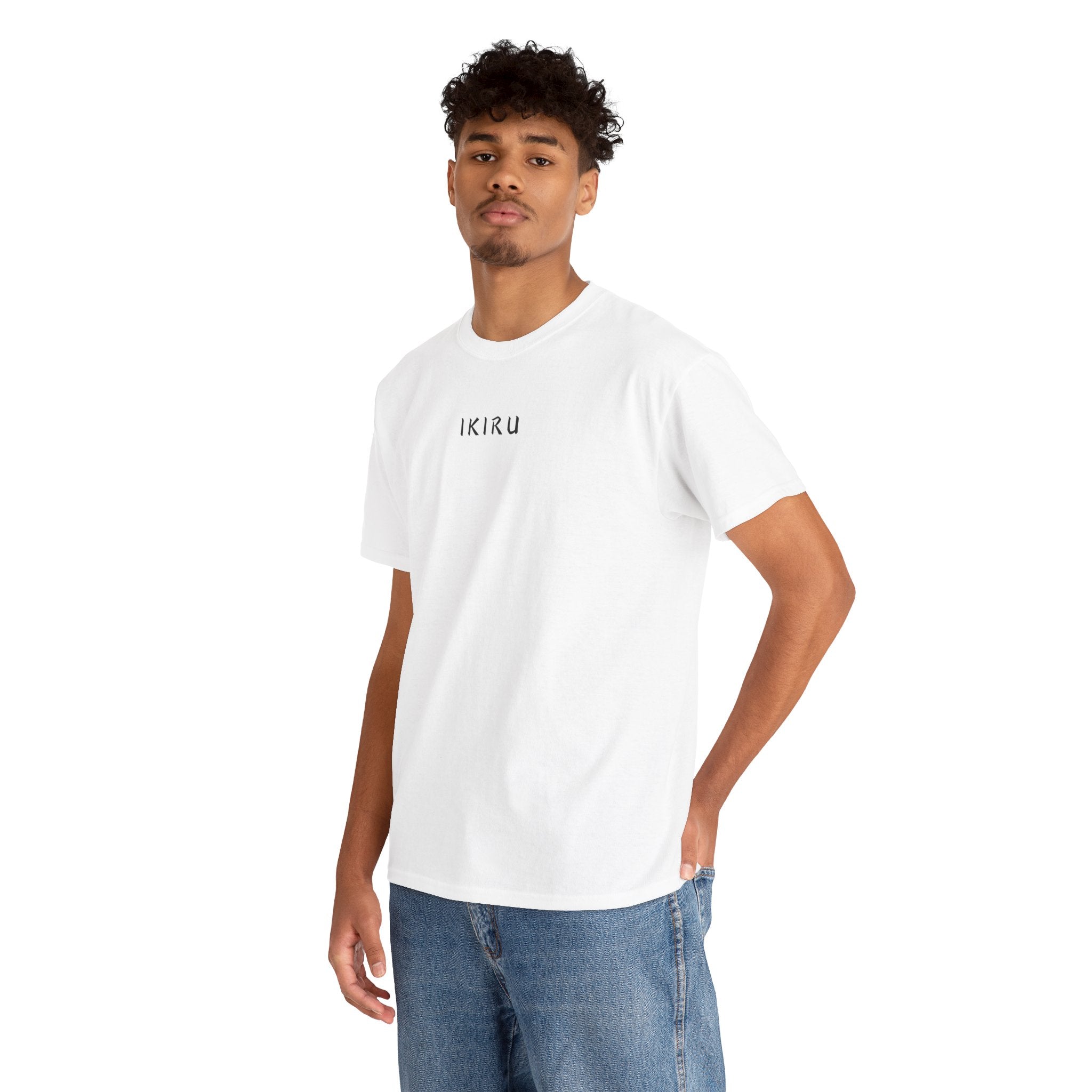 Man wearing a white t-shirt with 'IKIRU' logo on a white background