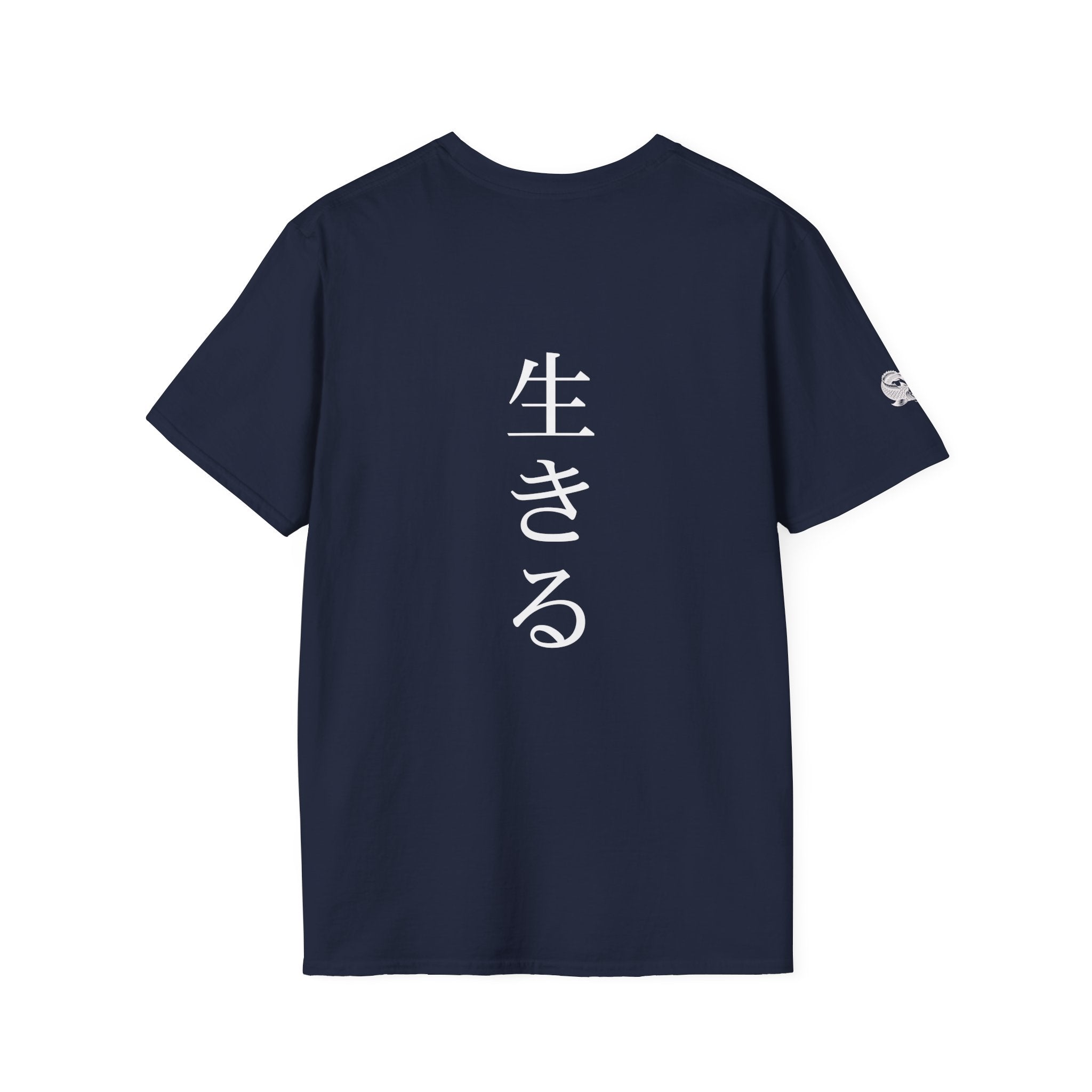 Navy blue t-shirt with white text on a white background