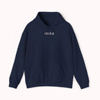 Navy hoodie with 'IKIRU' and mountain, samurai, and blossom tree design on the back saying 'un-influenceable' against a white background
