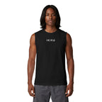Man wearing a black sleeveless shirt with text on a white background