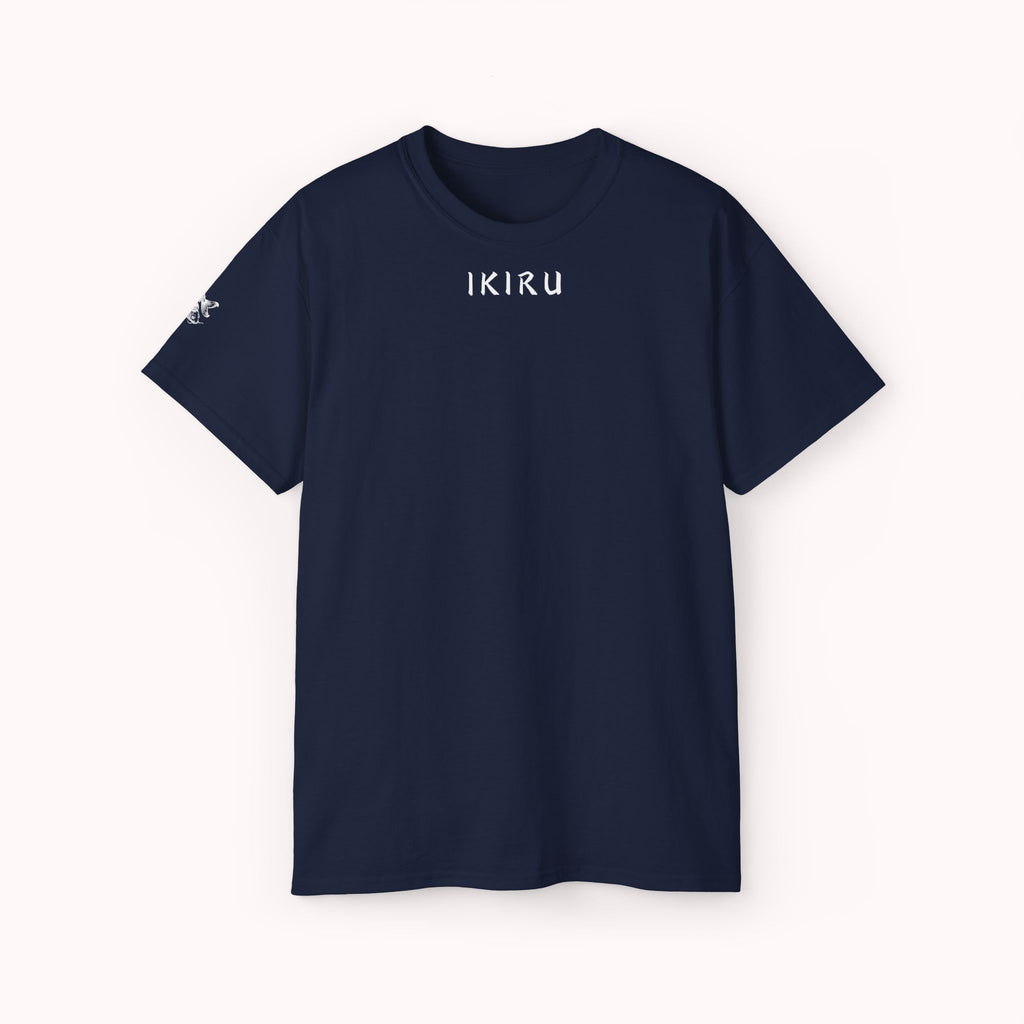 Navy t-shirt with 'IKIRU' text on a white background