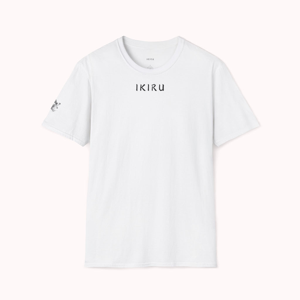 White t-shirt with 'IKIRU' branding on a white background