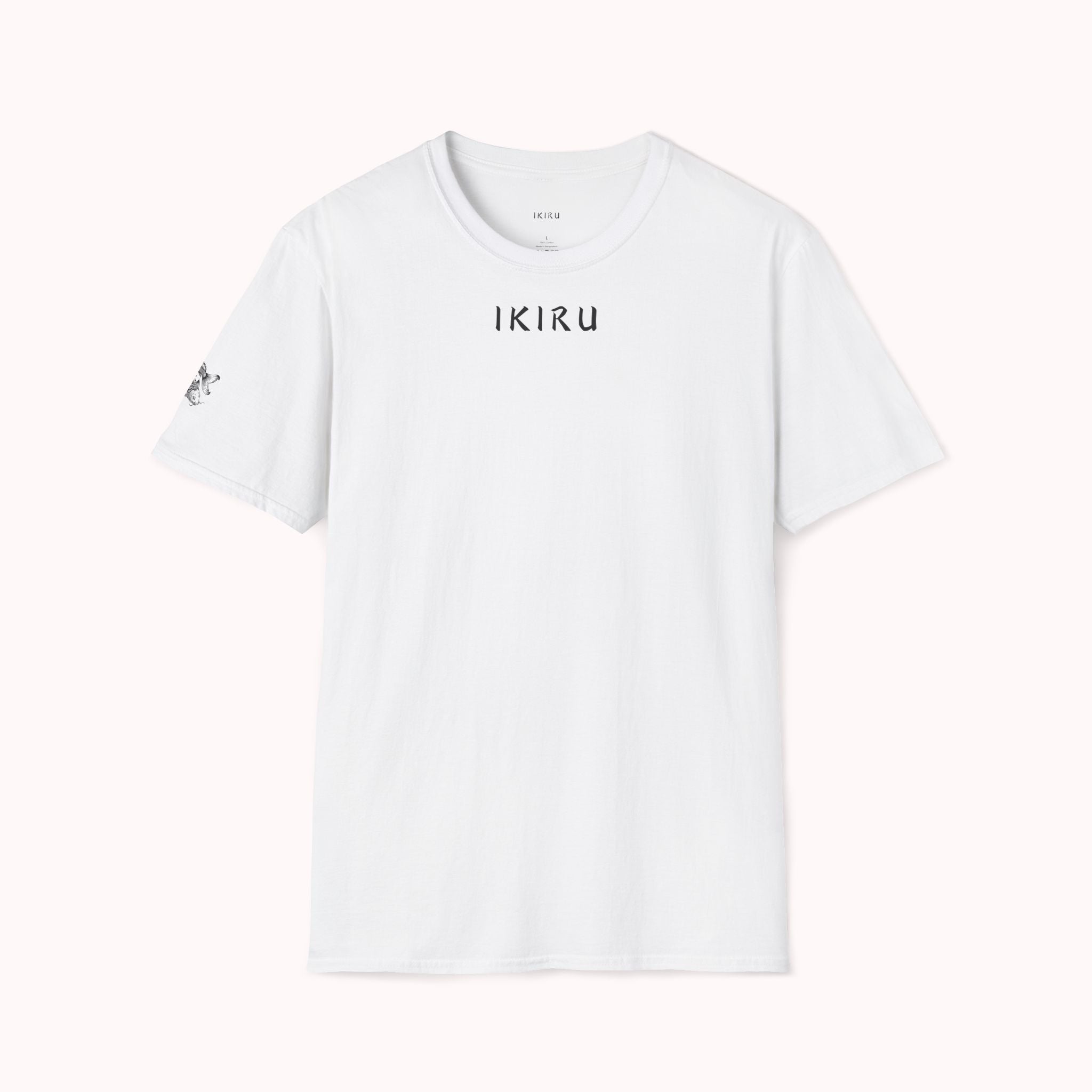 White t-shirt with 'IKIRU' branding on a white background