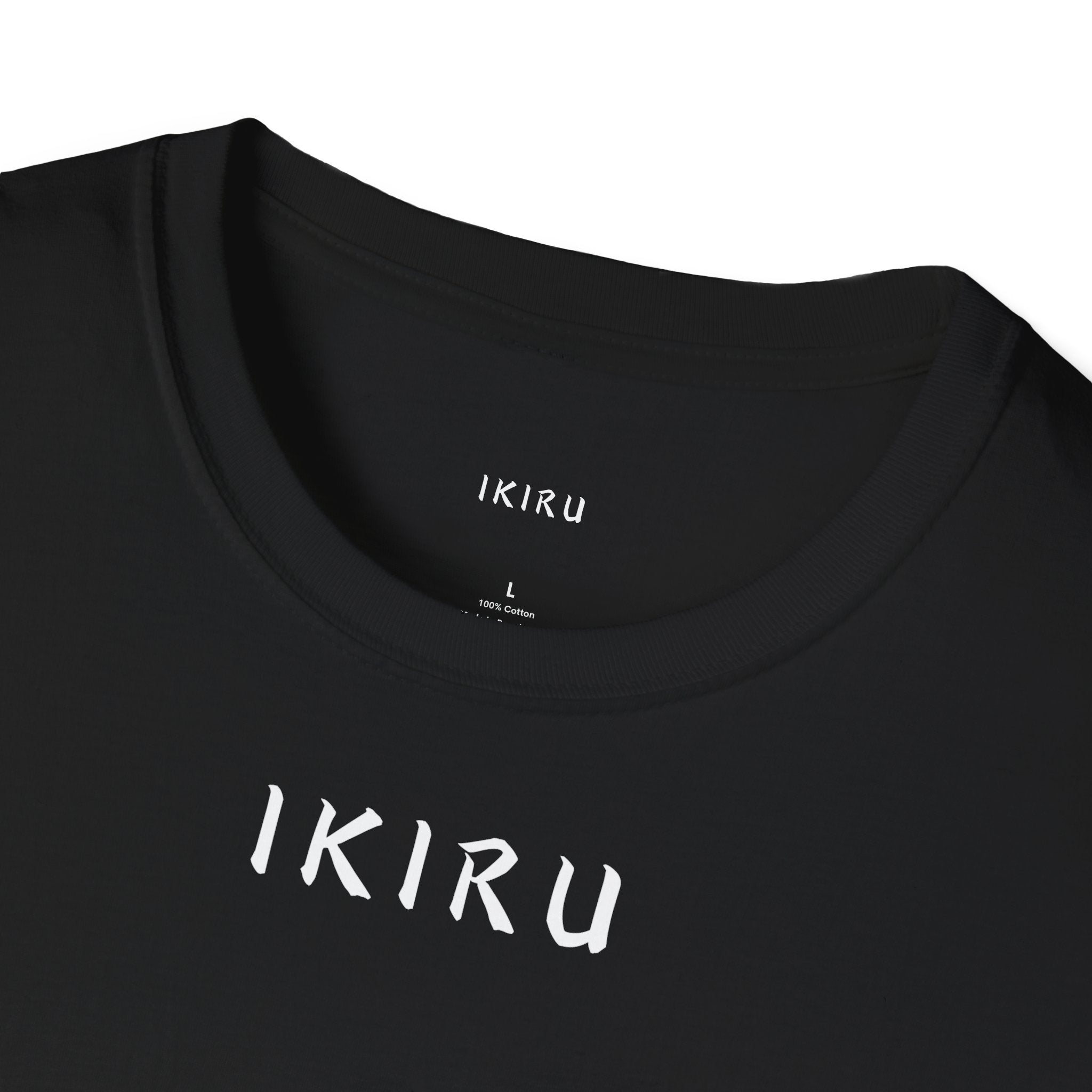 Black t-shirt with 'IKIRU' branding on a white background
