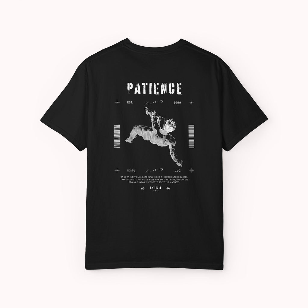 Black t-shirt with white text and graphics on a white background