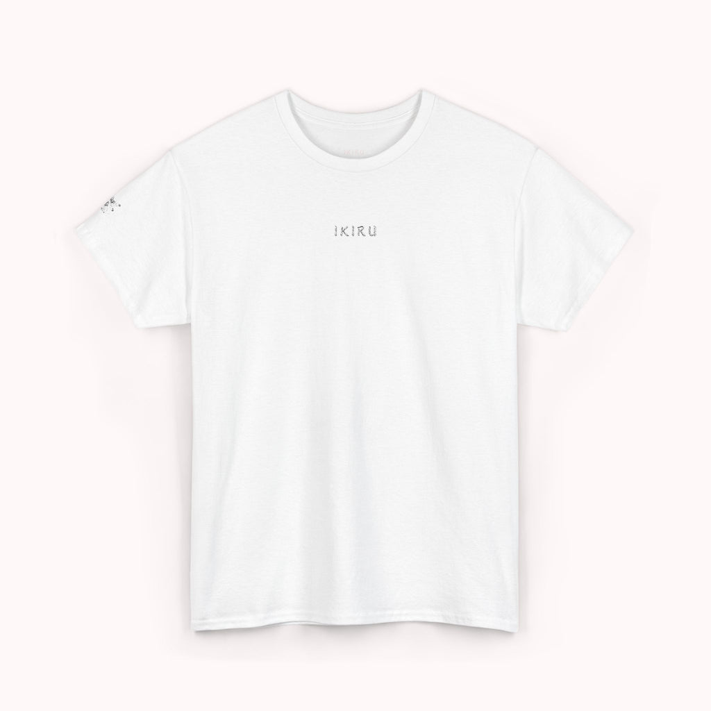 White t-shirt with 'IKIRU' logo on a white background