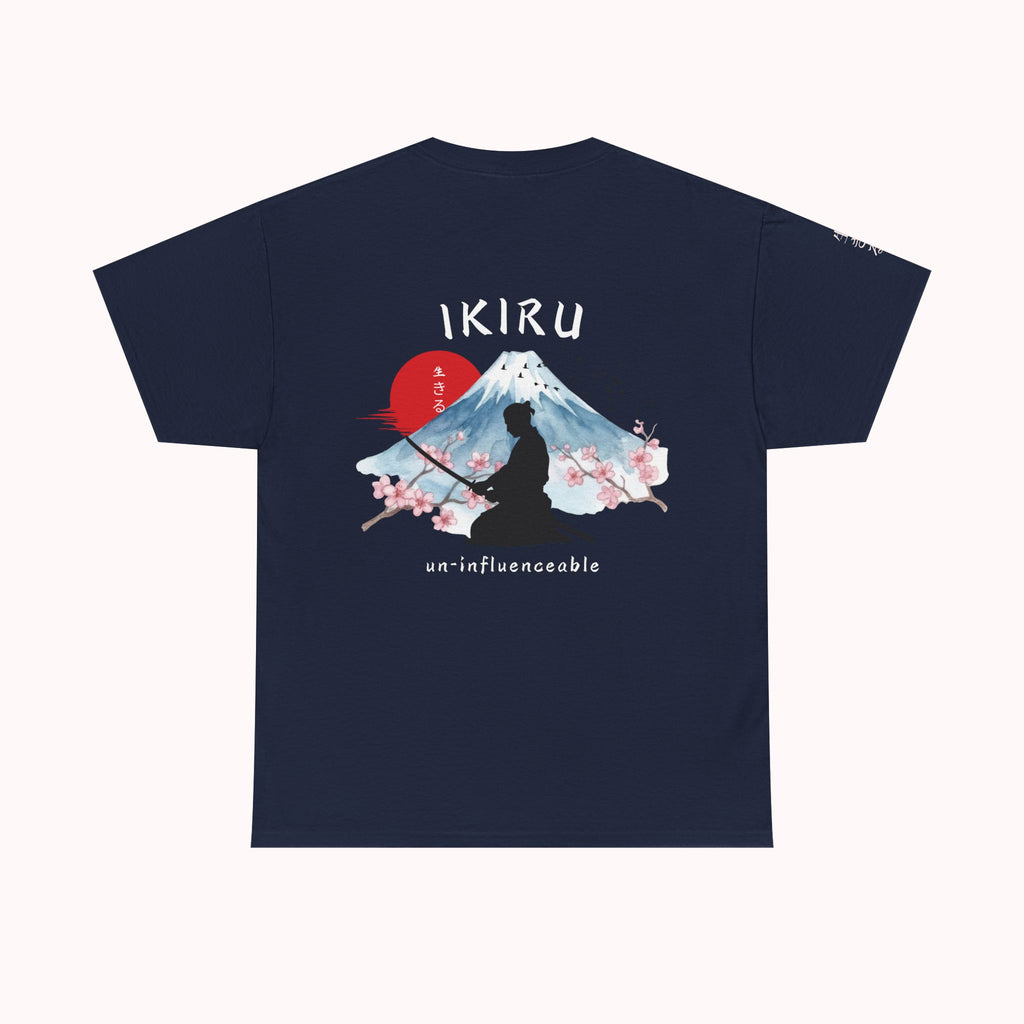 Navy t-shirt with Japanese mountain, samurai, blossom and IKIRU on the back on a white background