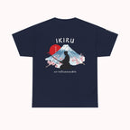 Navy t-shirt with Japanese mountain, samurai, blossom and IKIRU on the back on a white background