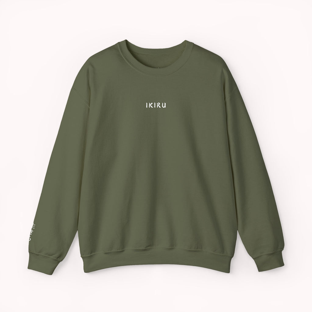 Green sweatshirt with an IKIRU logo on a white background