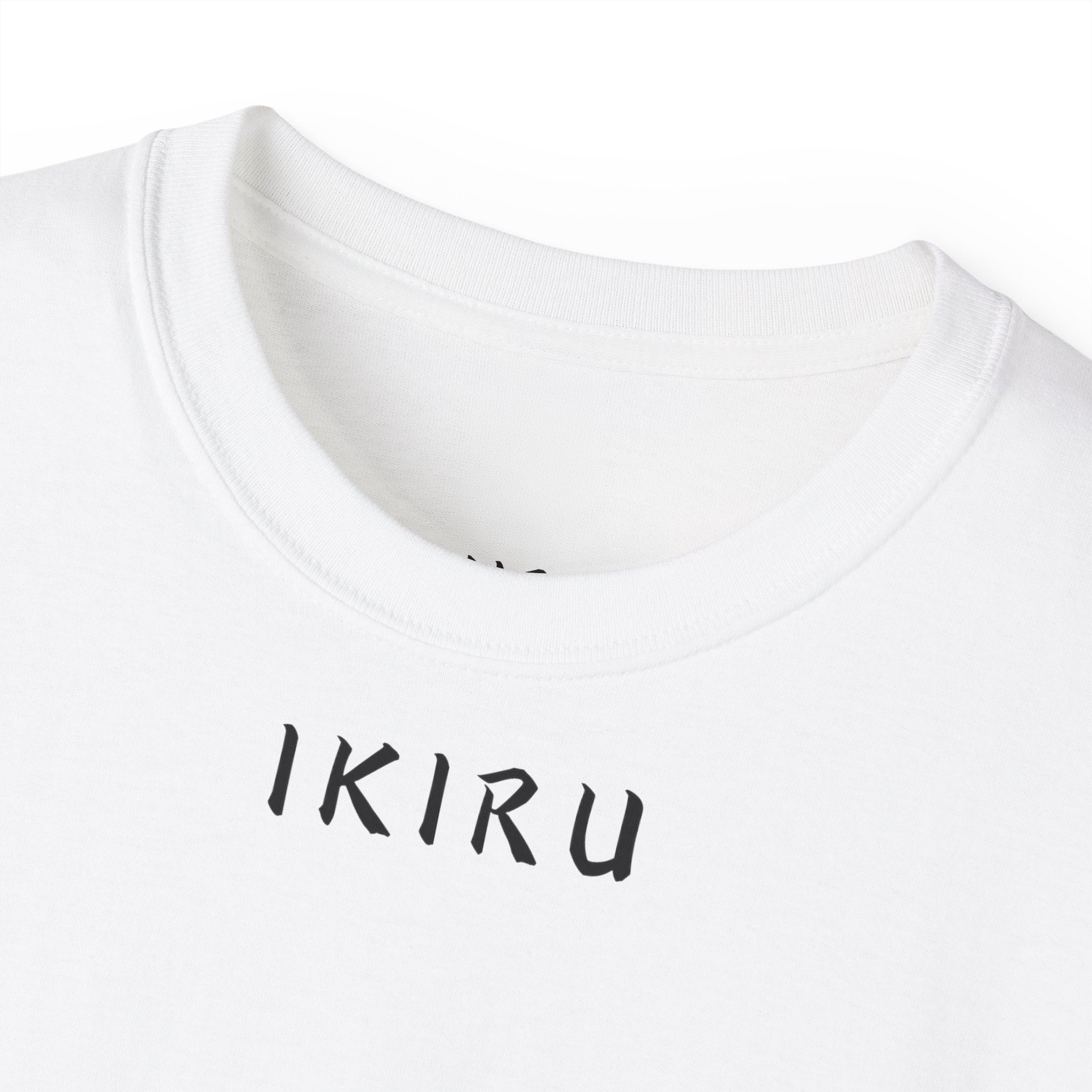 White t-shirt with 'IKIRU' printed on it against a white background