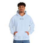 Light blue hoodie with 'IKIRU' and mountain, samurai, and blossom tree design on the back saying 'un-influenceable' against a white background