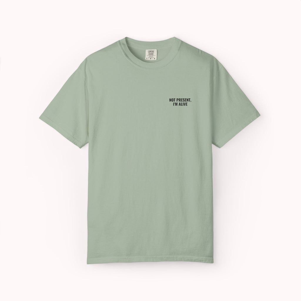 Light green t-shirt with text on a white background