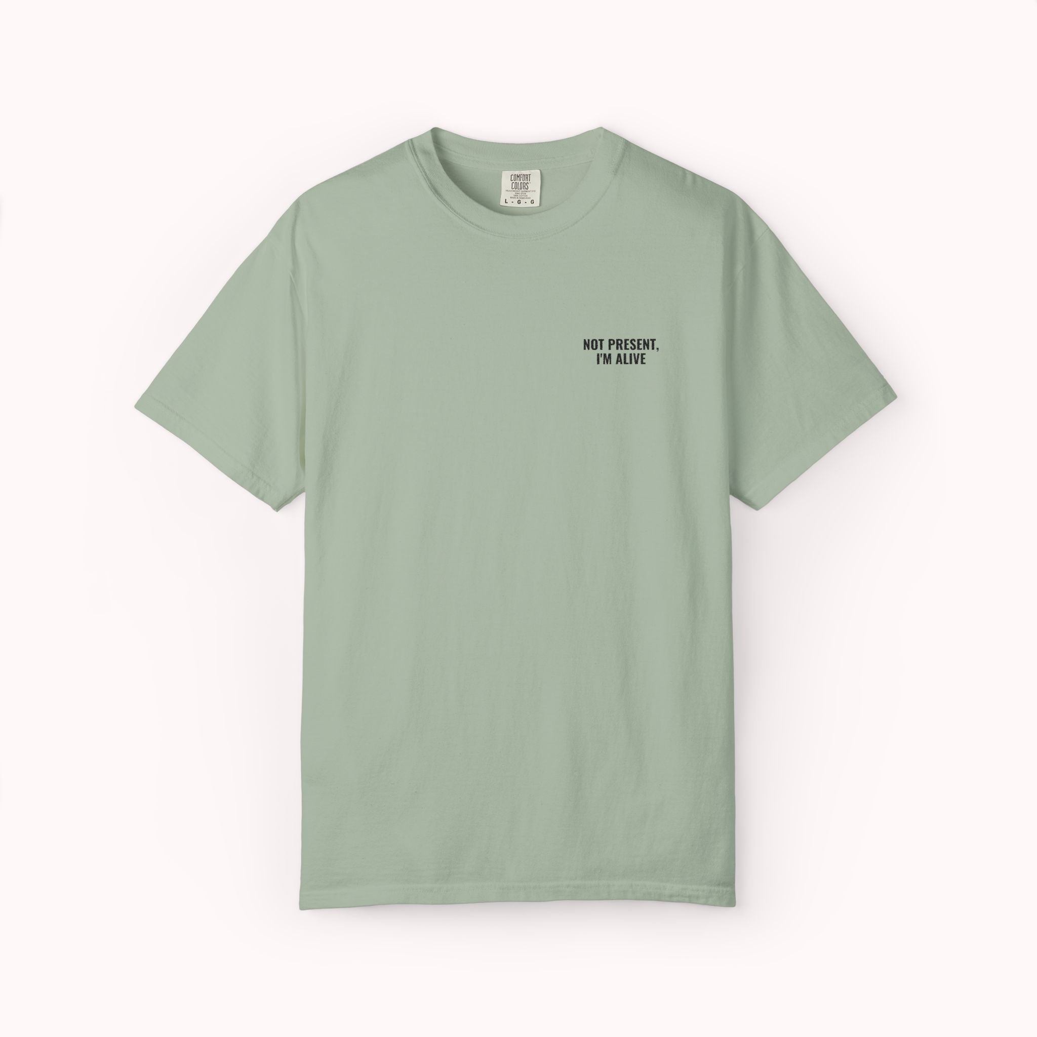Light green t-shirt with text on a white background