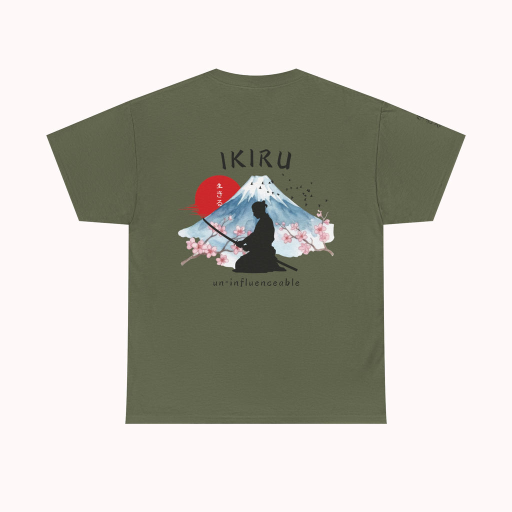 Green t-shirt with Japanese mountain, samurai, blossom and IKIRU on the back on a white background