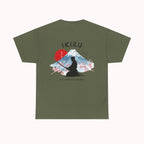 Green t-shirt with Japanese mountain, samurai, blossom and IKIRU on the back on a white background