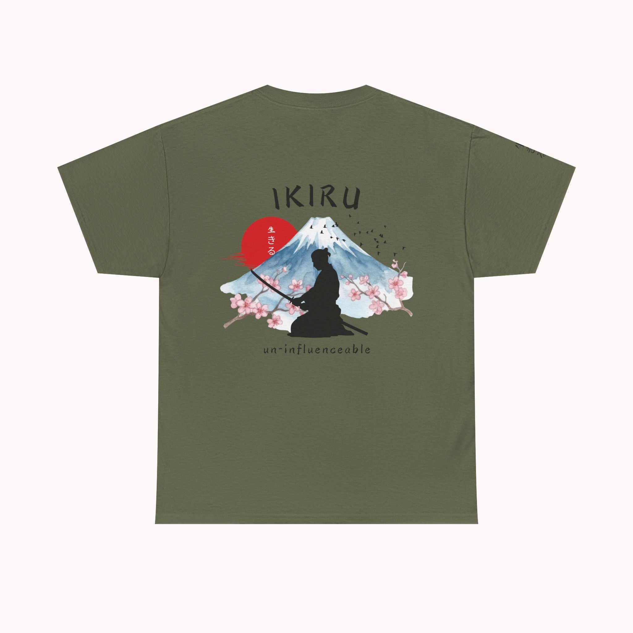 Green t-shirt with Japanese mountain, samurai, blossom and IKIRU on the back on a white background